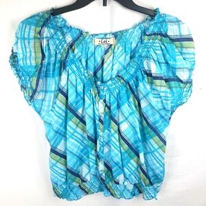 Lei Women's Blue Plaid Sinched Waist Hem Short Sleeve Sz Juniors XXL